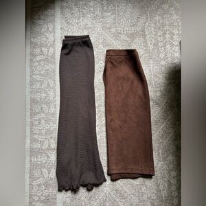 Women's Brown Skirt Set-Crinkle Gauze Midi and Faux Suede Cross-Front Midi